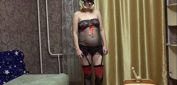  Pregnant milf in stockings on suspenders, with a dildo, masturbates hairy pussy through panties. Homemade fetish.